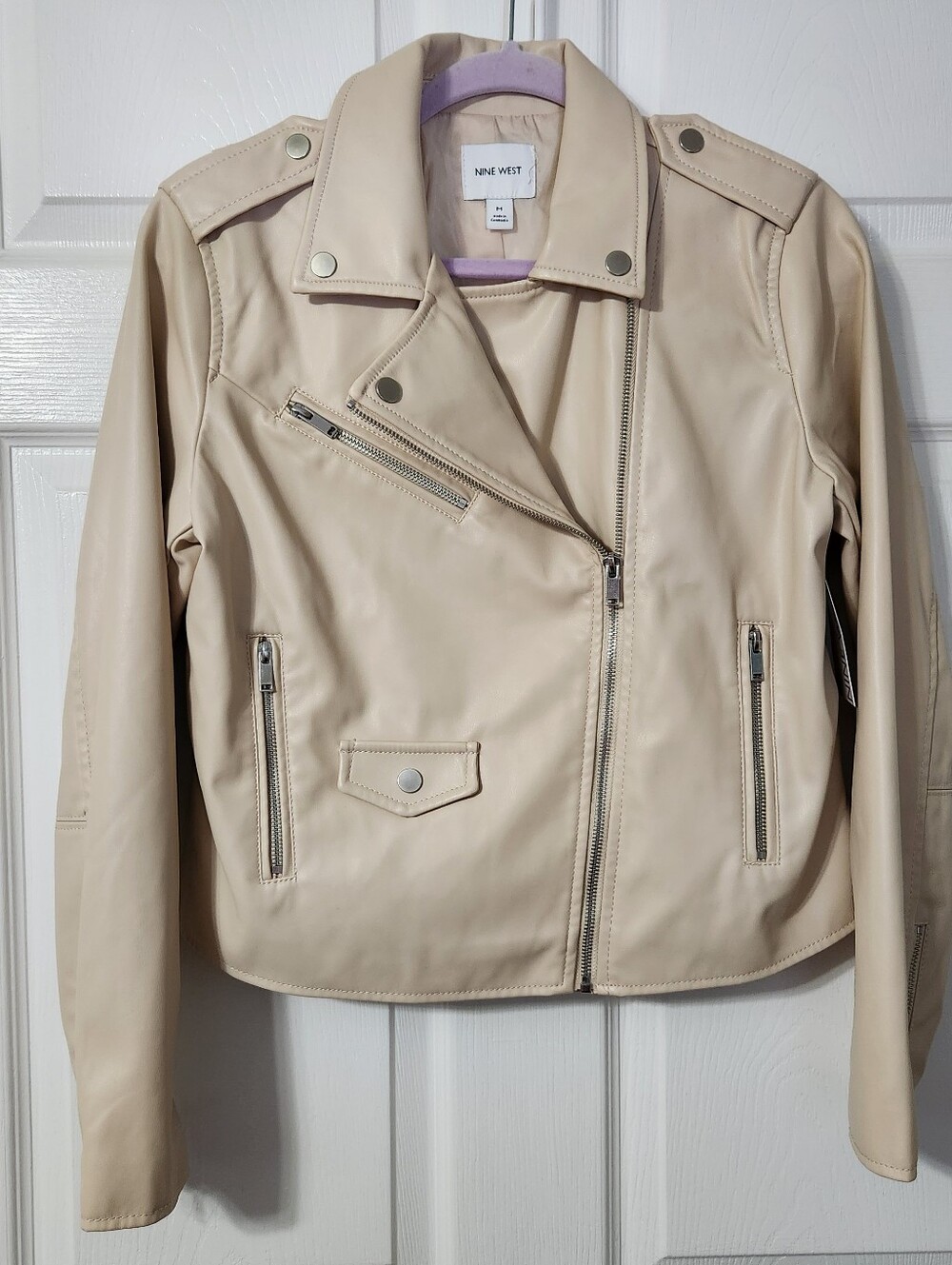 Nine West Cream Moto-Style Vegan Leather Jacket, Size M